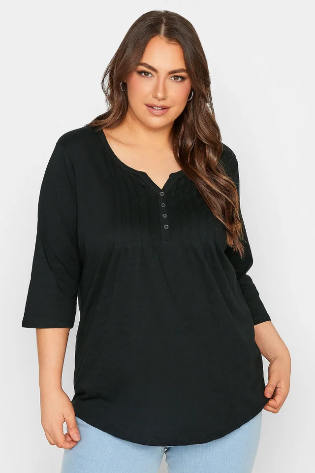 Yours Curve Black Pintuck Button Henley T-Shirt