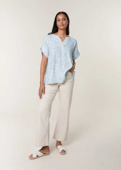 Blue Vanilla Blue Printed V Neck Button Top - Medium Image 1