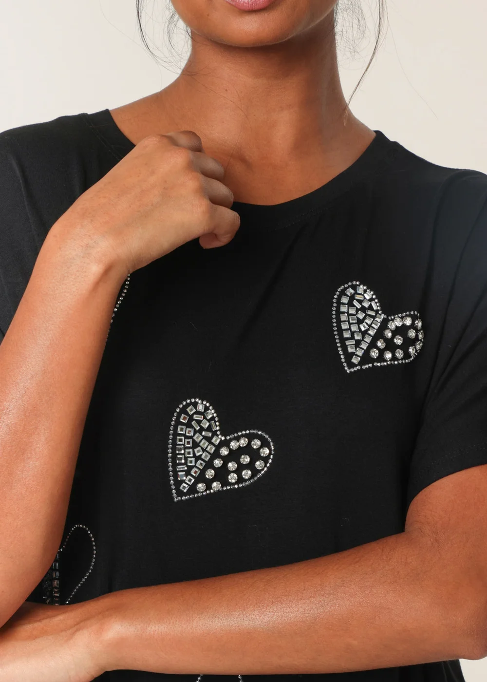 Blue Vanilla Black Round Neck Diamante Heart Detailing T-Shirt - S/M Image 4