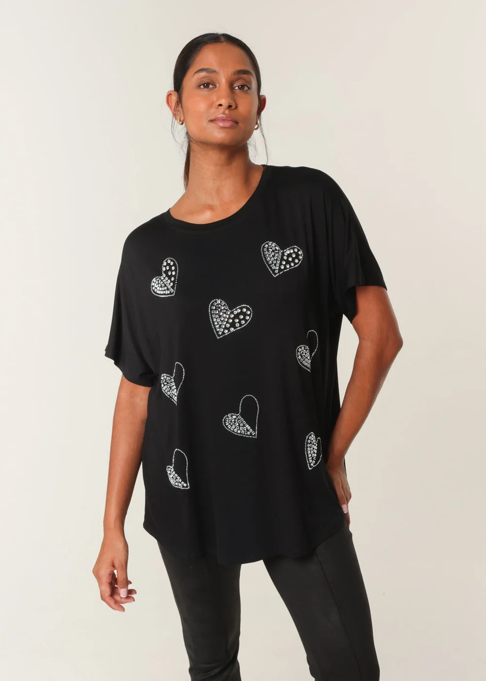 Blue Vanilla Black Round Neck Diamante Heart Detailing T-Shirt - Large/Extra Large Image 1