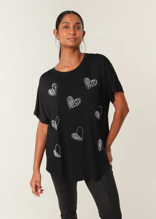 Blue Vanilla Black Round Neck Diamante Heart Detailing T-Shirt - Large/Extra Large Image 1