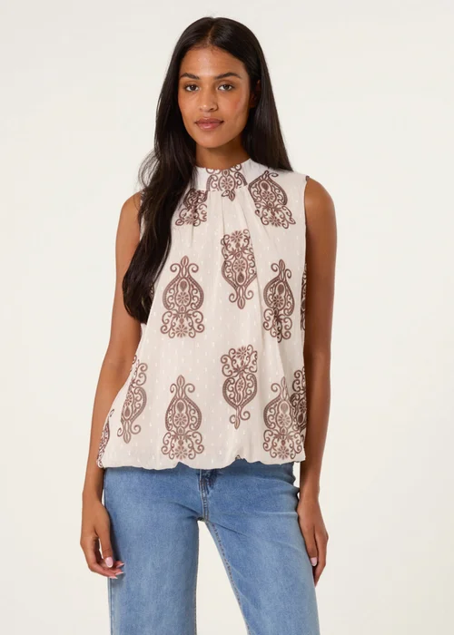 Blue Vanilla Beige Printed Sleeveless High Neck Blouse - S/M Image 1