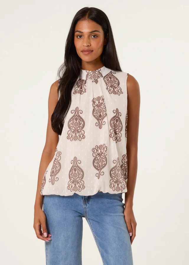 Blue Vanilla Beige Printed Sleeveless High Neck Blouse