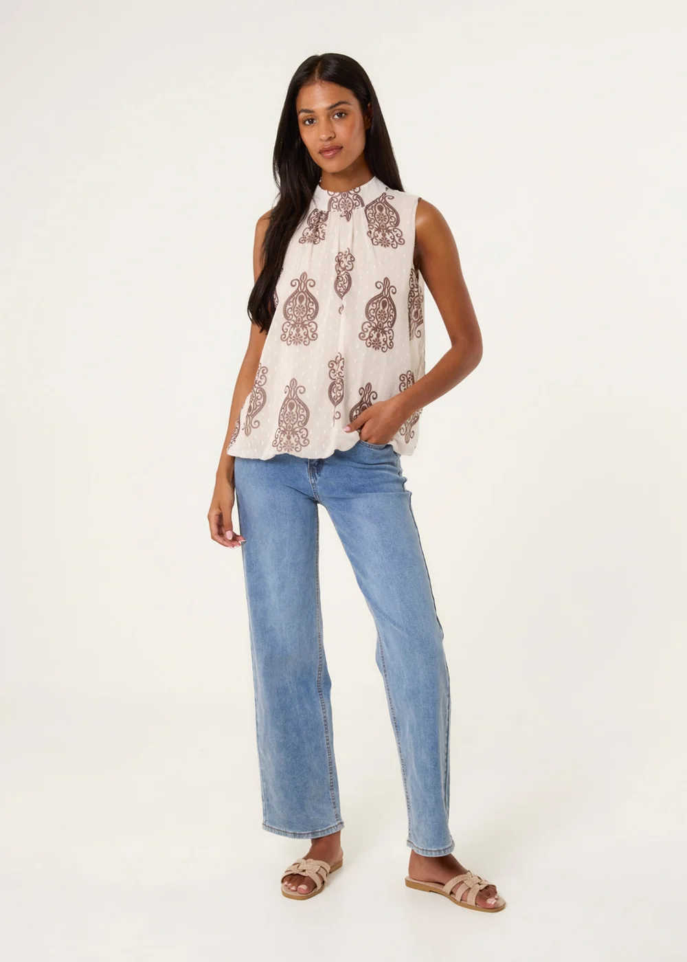 Blue Vanilla Beige Printed Sleeveless High Neck Blouse - S/M Image 2