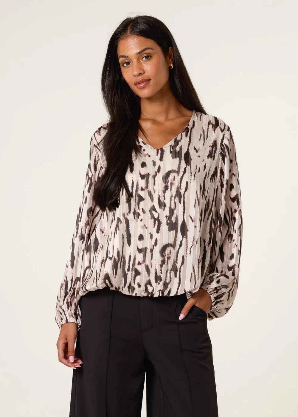 Blue Vanilla Brown Animal Print Puffball V Neck Top - Small Image 1
