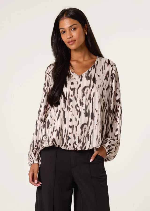Blue Vanilla Brown Animal Print Puffball V Neck Top