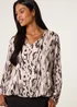 Blue Vanilla Brown Animal Print Puffball V Neck Top - Small Image 3