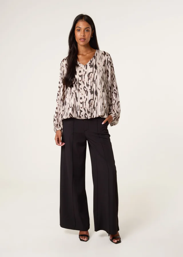 Blue Vanilla Brown Animal Print Puffball V Neck Top