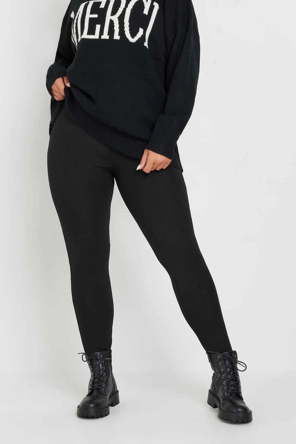 Yours Curve Black Ribbed Leggings - 18 Image 1