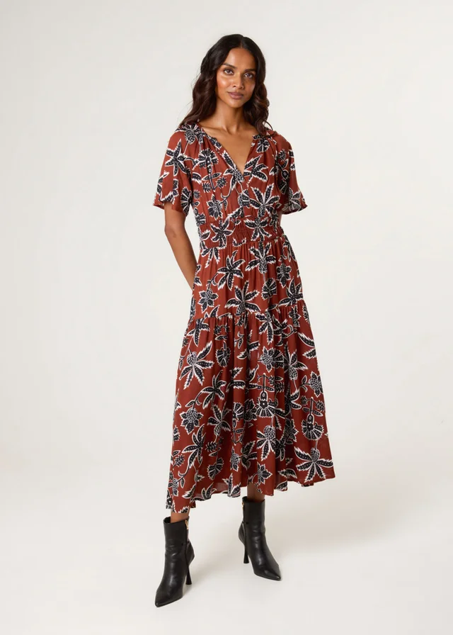 Blue Vanilla Brown Notch Neck Elastic Tropical Print Dress