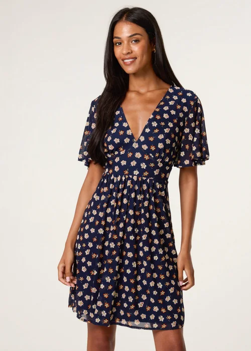 Blue Vanilla Navy Ditsy Floral V Neck Tie Back Mini Dress - Extra Large Image 1
