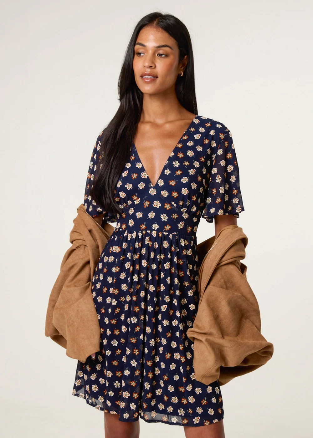 Blue Vanilla Navy Ditsy Floral V Neck Tie Back Mini Dress - Extra Large Image 2