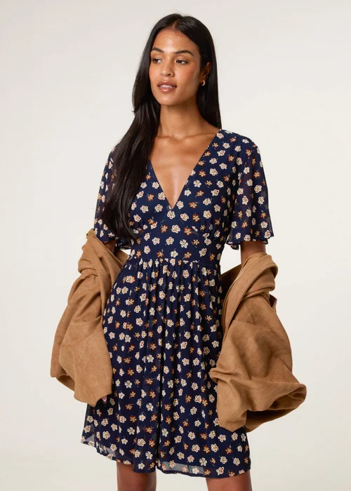 Blue Vanilla Navy Ditsy Floral V Neck Tie Back Mini Dress - Extra Large Image 2