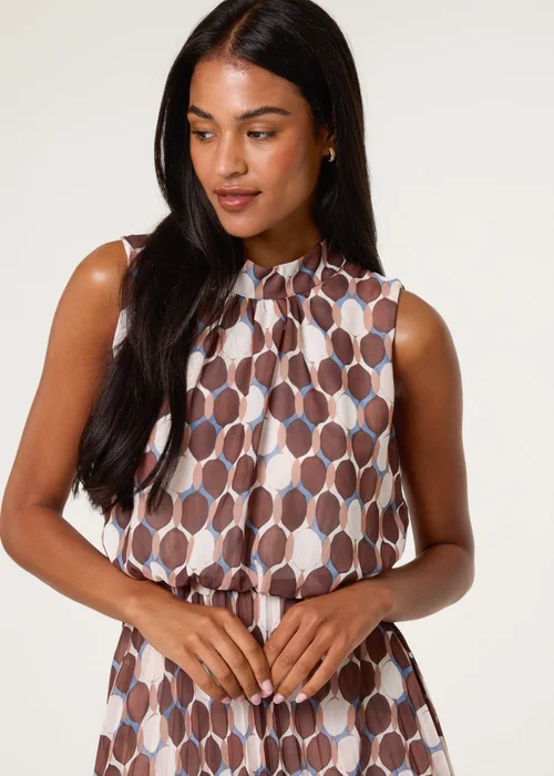 Blue Vanilla Brown High Neck Geometric Print Pleated Dress - S Image 2