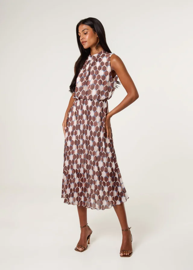 Blue Vanilla Brown High Neck Geometric Print Pleated Dress