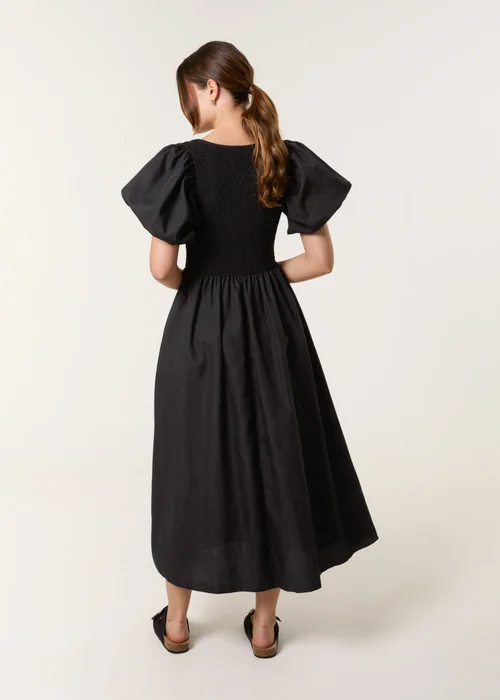 Blue Vanilla Black Puff Sleeve Mix Fabric Midi Dress - M Image 4