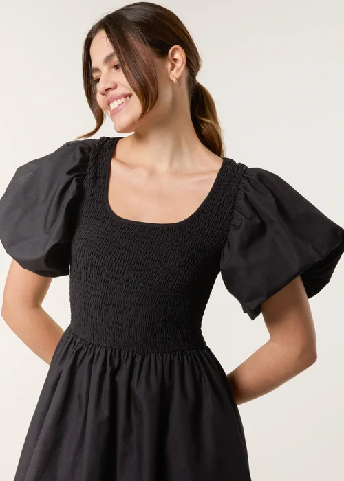 Blue Vanilla Black Puff Sleeve Mix Fabric Midi Dress - M Image 2