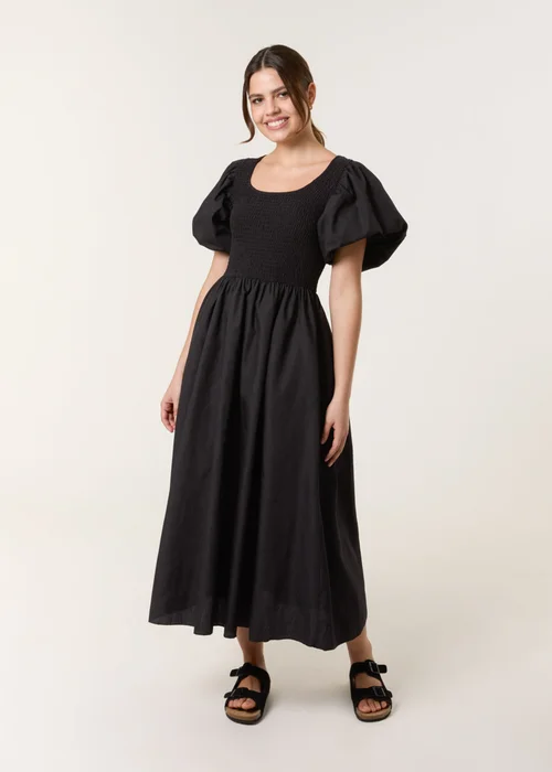 Blue Vanilla Black Puff Sleeve Mix Fabric Midi Dress - M Image 3