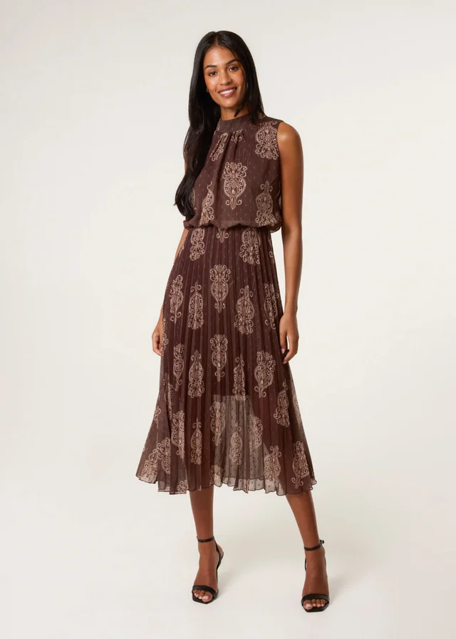 Blue Vanilla Brown Paisley High Neck Sleeveless Pleated Midi Dress