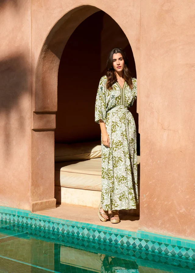 Blue Vanilla Khaki Embellished V Front & Back Maxi Dress