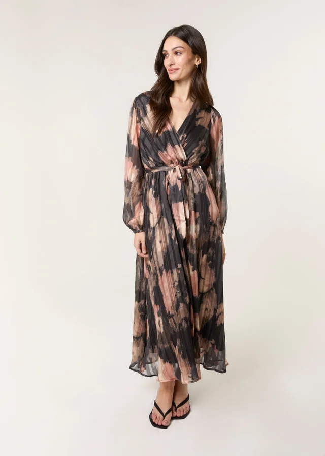 Blue Vanilla Black Watercolour Pleated Wrap Belted Dress