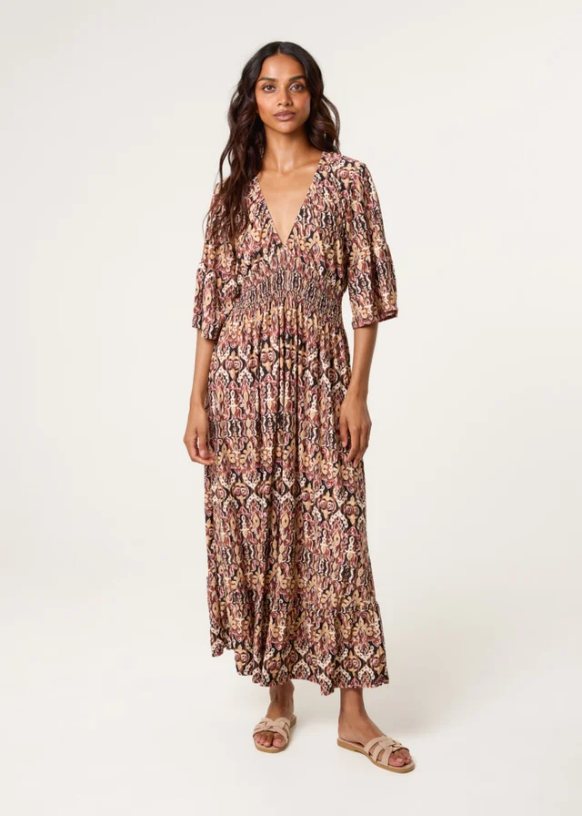 Blue Vanilla Brown Elasticated Neck Shirred Waist Midi Dress