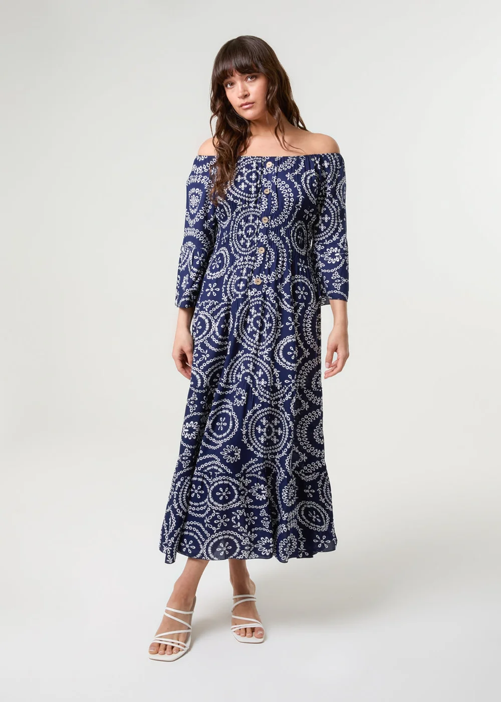 Blue Vanilla Navy Bardot Coconut Button Maxi Dress - S Image 1