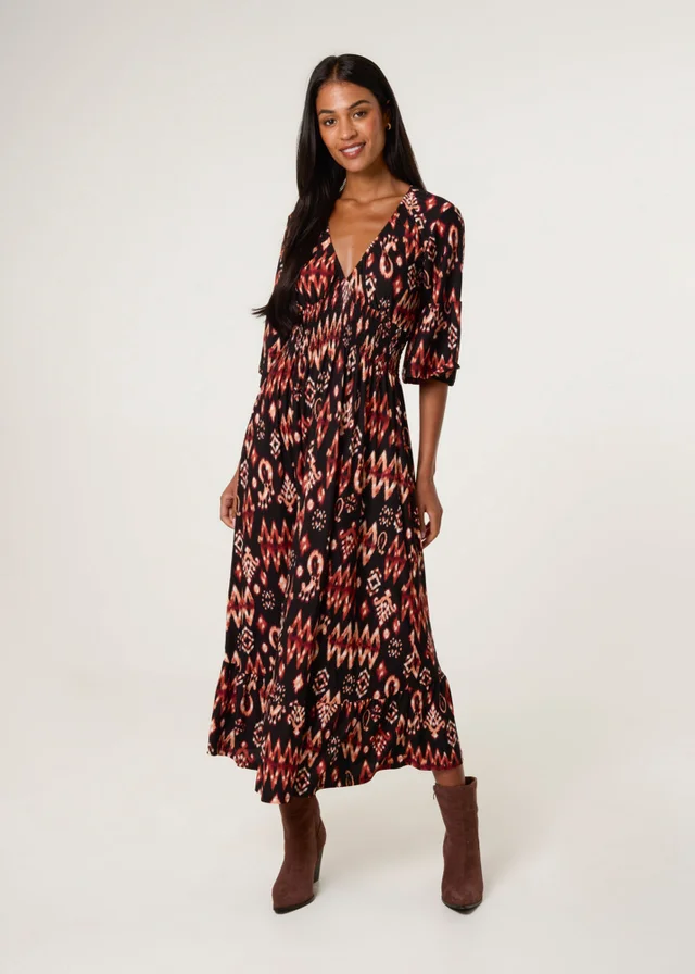 Blue Vanilla Brown Elasticated Neck Shirred Waist Aztec Dress