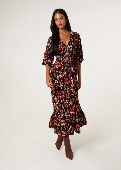 Blue Vanilla Brown Elasticated Neck Shirred Waist Aztec Dress - S/M Image 3