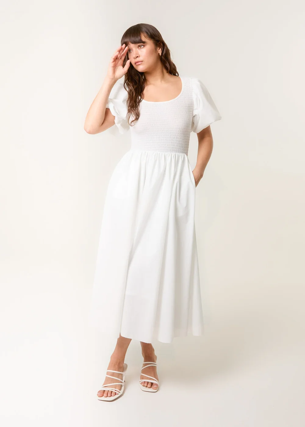 Blue Vanilla Ivory Puff Sleeve Mix Fabric Midi Dress - S Image 1