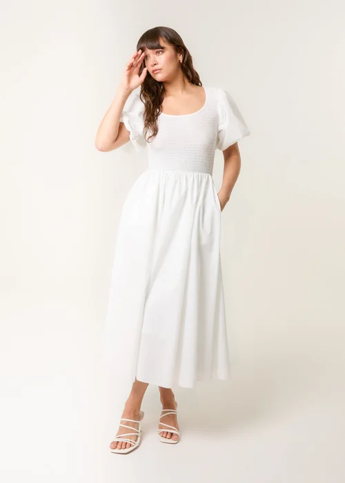 Blue Vanilla Ivory Puff Sleeve Mix Fabric Midi Dress - S Image 1