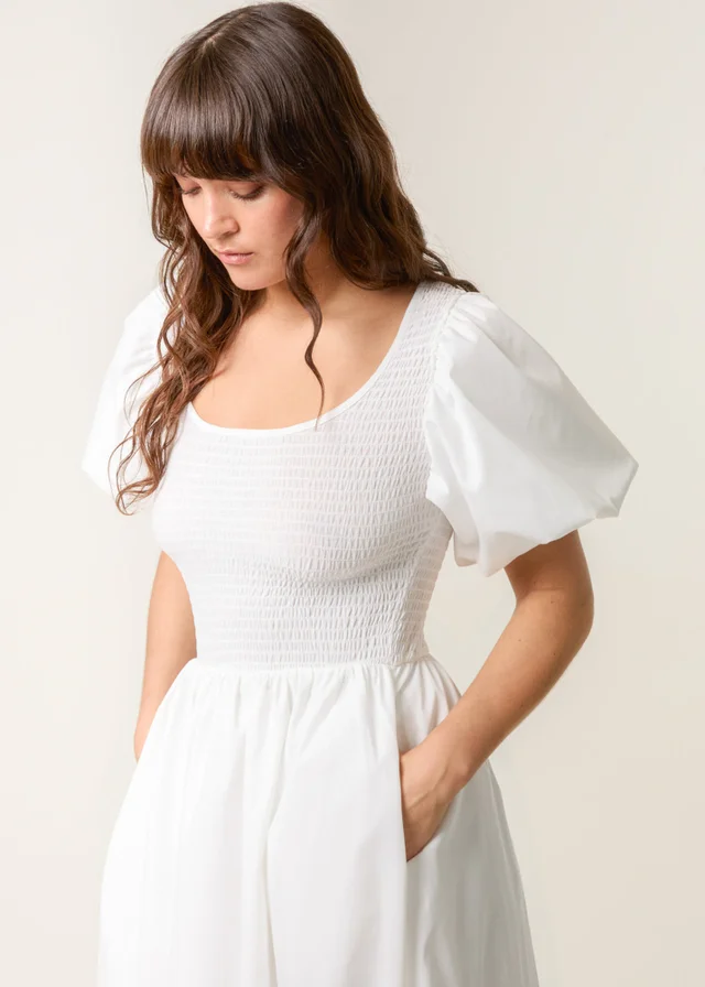 Blue Vanilla Ivory Puff Sleeve Mix Fabric Midi Dress
