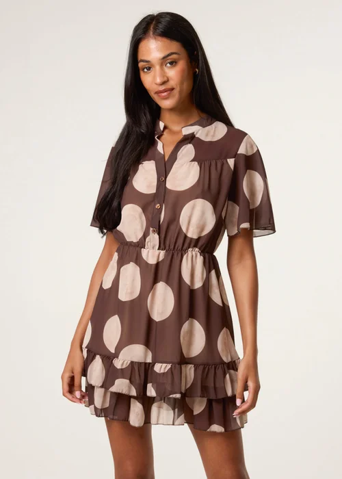 Blue Vanilla Brown Polka Dot Button Up Double Frill Dress - L Image 1