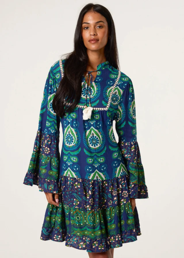 Blue Vanilla Turquoise Tiered Printed Long Sleeve Dress
