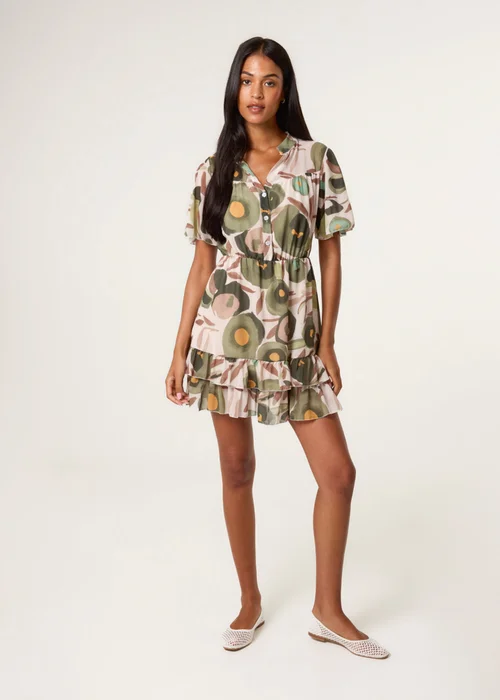 Blue Vanilla Green Printed Button Up Tiered Short Sleeve Dress - S Image 3