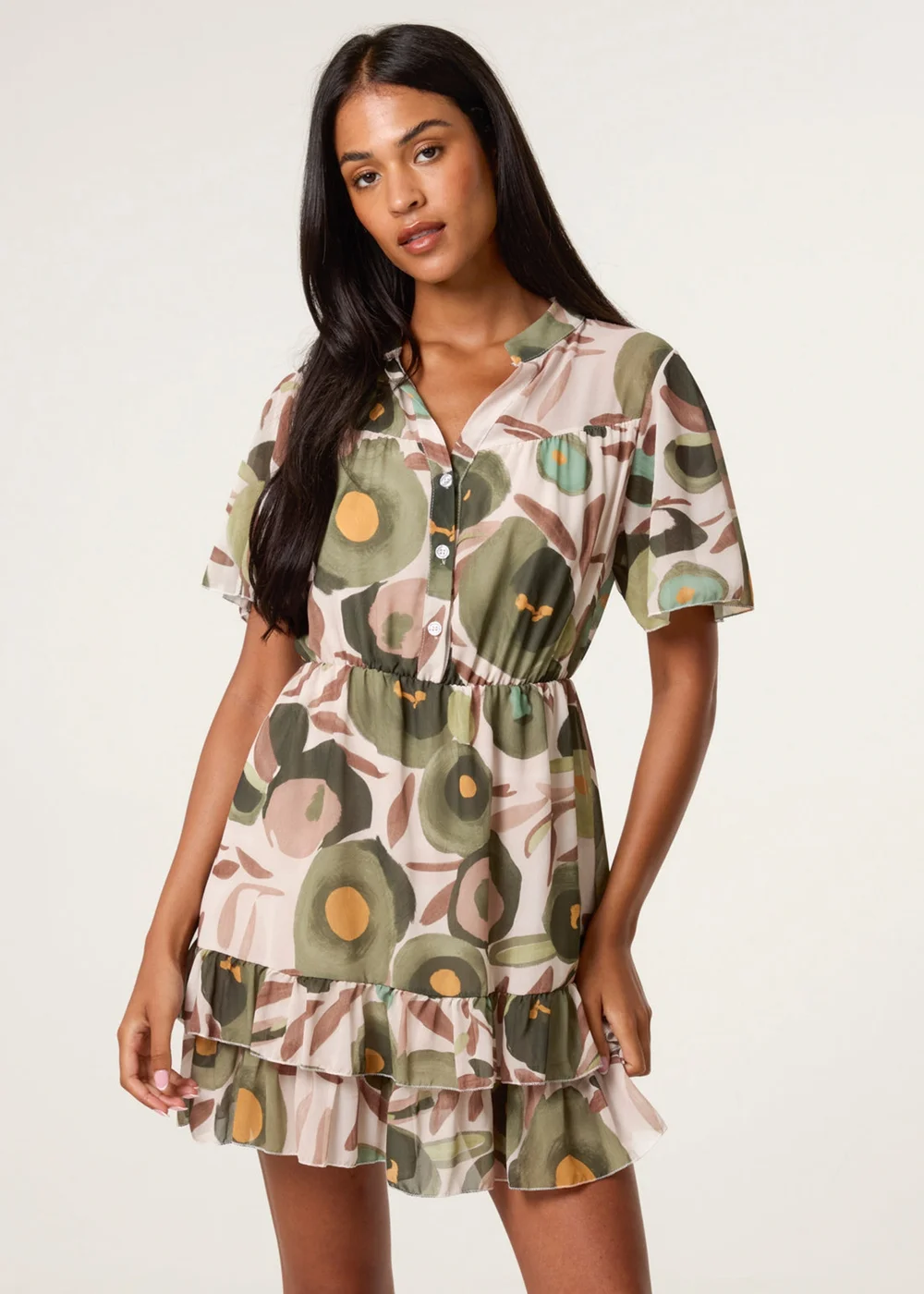 Blue Vanilla Green Printed Button Up Tiered Short Sleeve Dress - S Image 1