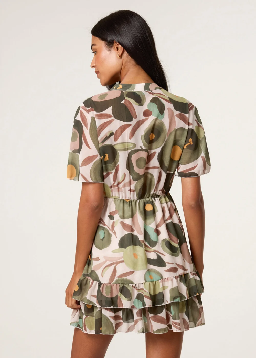 Blue Vanilla Green Printed Button Up Tiered Short Sleeve Dress - S Image 4
