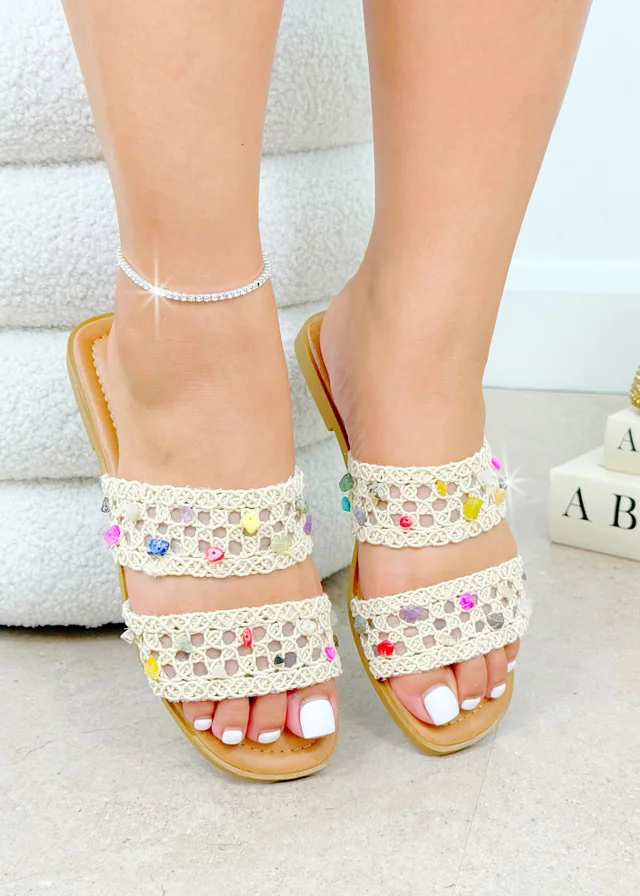 Love Lemonade Nude Sparkly Gemstone Double Strap Sliders