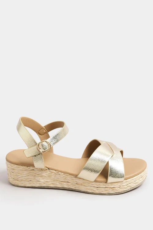 Yours Gold Cross Strap Platform Wedge Sandals In Extra Wide EEE Fit - 8 Extra Wide Image 3