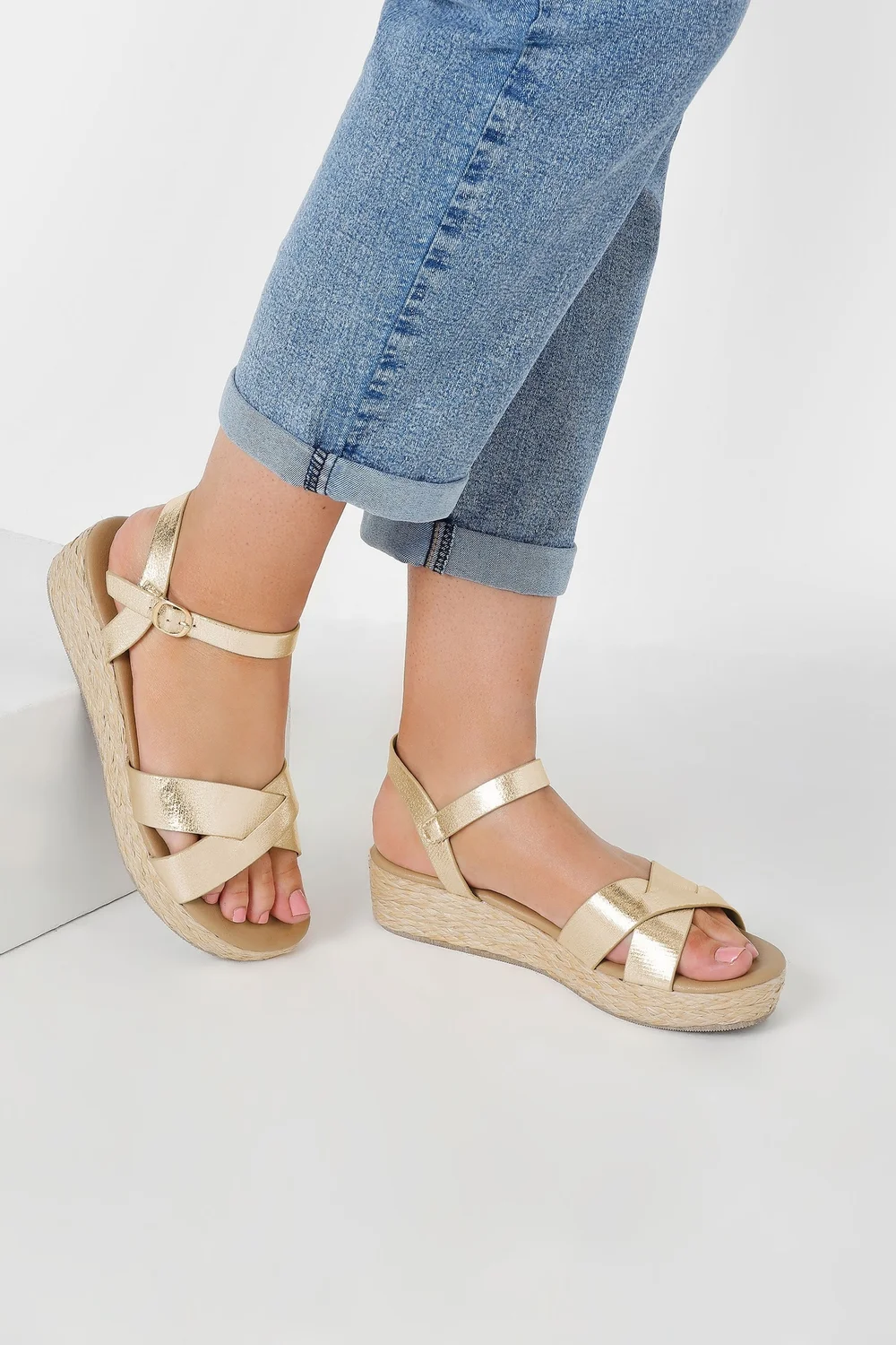 Yours Gold Cross Strap Platform Wedge Sandals In Extra Wide EEE Fit - 8 Extra Wide Image 1