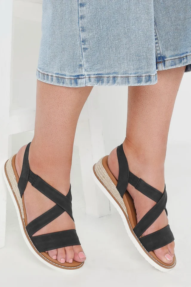 Yours Black Cross Over Strappy Wedge Sandals In Wide E Fit