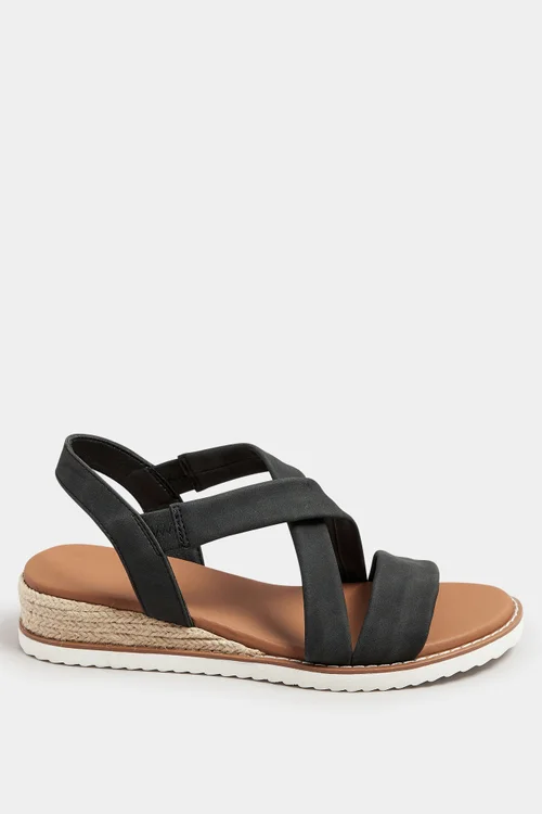 Yours Black Cross Over Strappy Wedge Sandals In Wide E Fit - 7 Wide Image 3