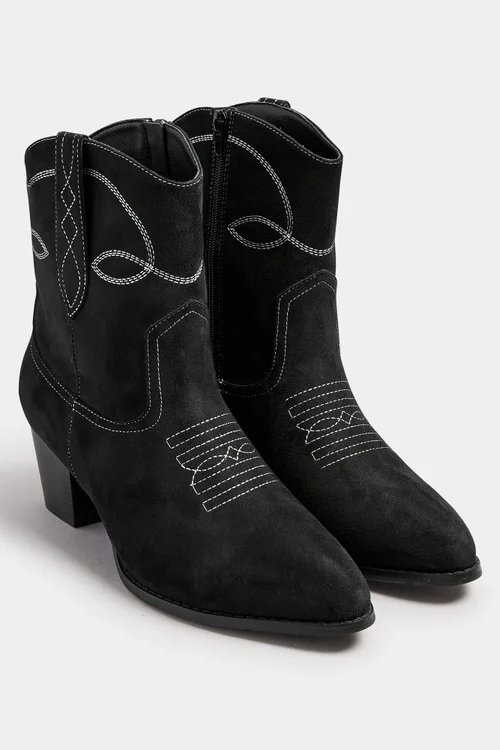 Yours Black Faux Suede Contrast Stitch Western Heel Ankle Boots In Extra Wide EEE Fit - 5 Extra Wide Image 3