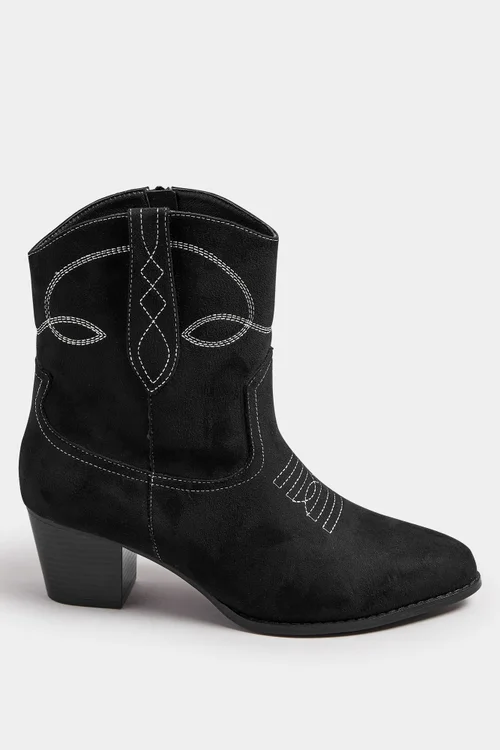 Yours Black Faux Suede Contrast Stitch Western Heel Ankle Boots In Extra Wide EEE Fit - 5 Extra Wide Image 4