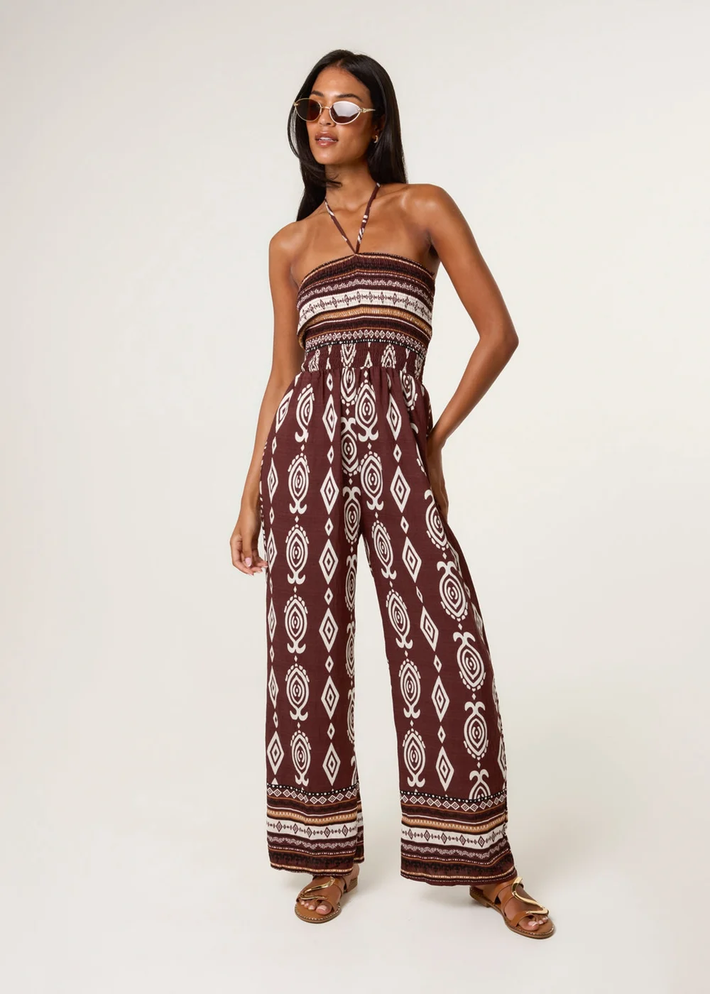 Blue Vanilla Brown Ethnic Print Strapless Elasticated Jumpsuit - S/M Image 1