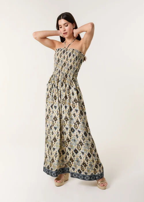 Blue Vanilla Multi Printed Bandeau Tie Neck Shirred Jumpsuit - M/L Image 4