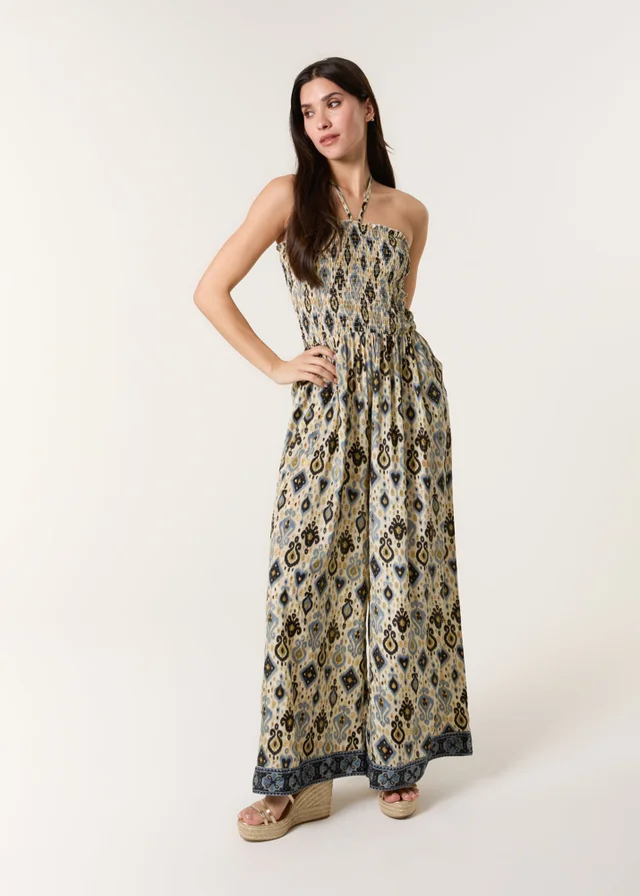 Blue Vanilla Multi Printed Bandeau Tie Neck Shirred Jumpsuit