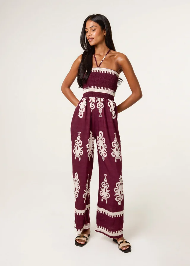 Blue Vanilla Burgundy Strapless Shirred Waist Jumpsuit