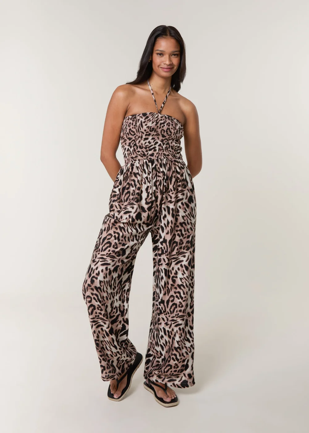 Blue Vanilla Brown Leopard Print Shirred Waist Jumpsuit - M/L Image 1