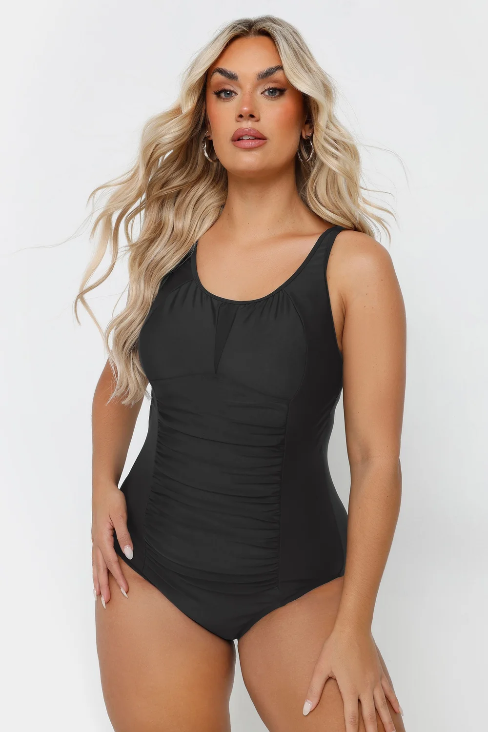 Yours Curve Black Ruched Mesh Tummy Control Swimsuit - Size 18 Clothing Image 2